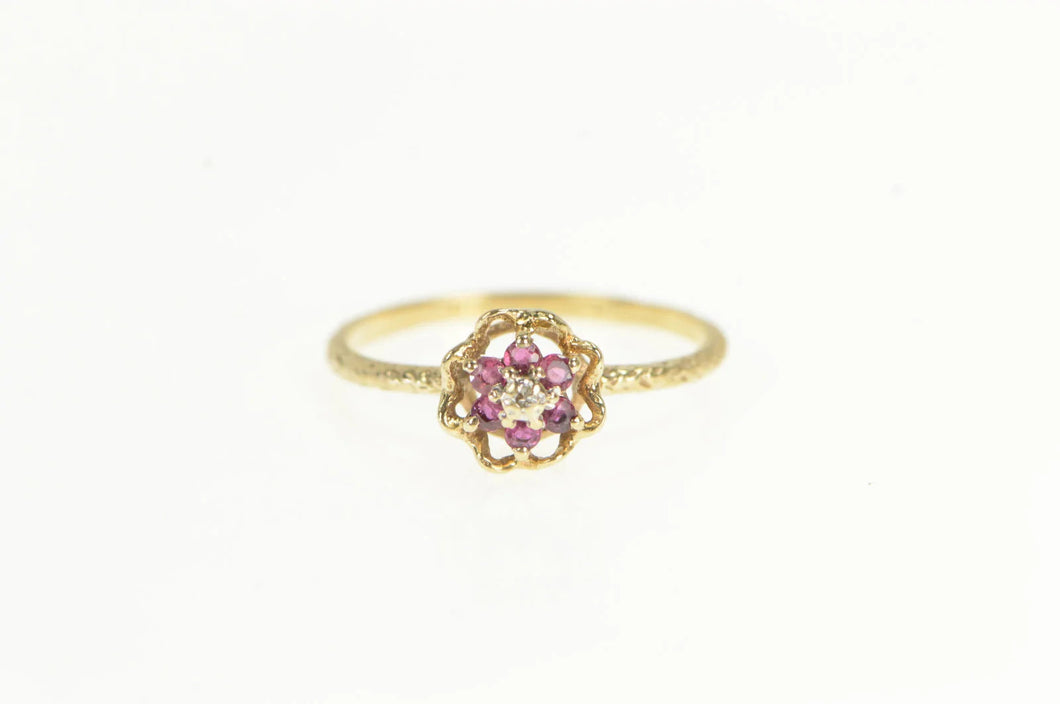 10K Diamond Ruby Flower Cluster Retro Statement Ring Yellow Gold