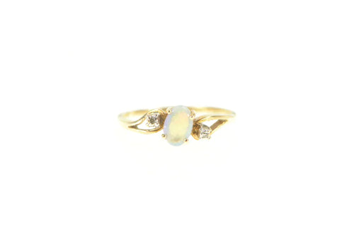 14K Oval Natural Opal Diamond Accent Vintage Ring Yellow Gold