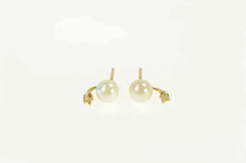 14K Pearl Diamond Accent Classic Vintage Stud Earrings Yellow Gold