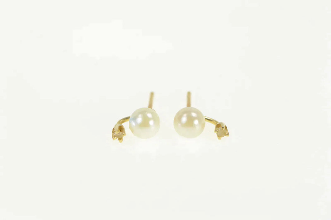 14K Pearl Diamond Accent Classic Vintage Stud Earrings Yellow Gold