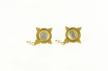 Load image into Gallery viewer, 14K Etruscan Motif Moonstone Pearl Dangle Earrings Yellow Gold