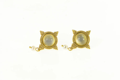 14K Etruscan Motif Moonstone Pearl Dangle Earrings Yellow Gold