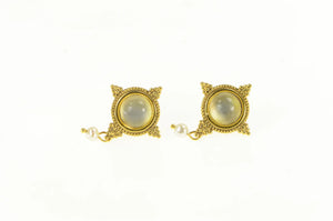 14K Etruscan Motif Moonstone Pearl Dangle Earrings Yellow Gold