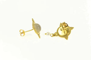14K Etruscan Motif Moonstone Pearl Dangle Earrings Yellow Gold