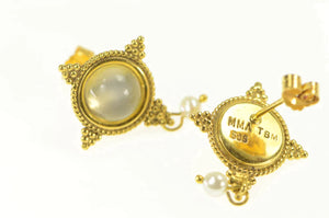14K Etruscan Motif Moonstone Pearl Dangle Earrings Yellow Gold