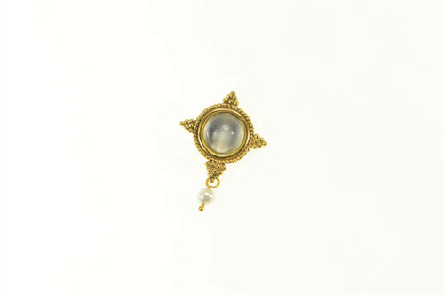 14K Etruscan Motif Moonstone Pearl Ornate Pendant Yellow Gold