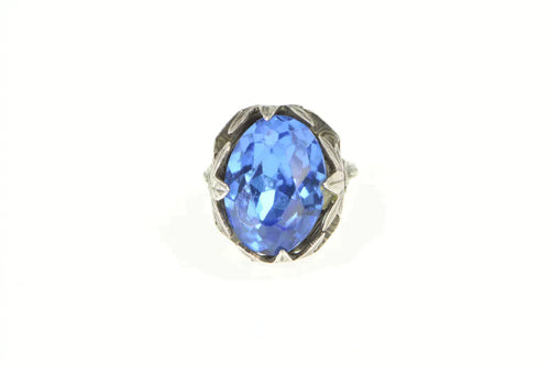 Sterling Silver Art Deco Ornate Sim. Sapphire Oak Leaf Ring