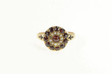 Load image into Gallery viewer, 10K Victorian Garnet Seed Pearl Ornate Halo Cocktail Ring Yellow Gold