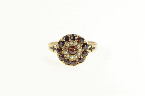 10K Victorian Garnet Seed Pearl Ornate Halo Cocktail Ring Yellow Gold