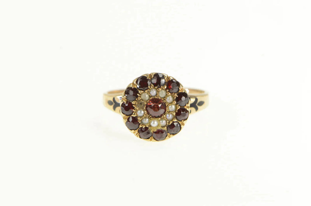 10K Victorian Garnet Seed Pearl Ornate Halo Cocktail Ring Yellow Gold