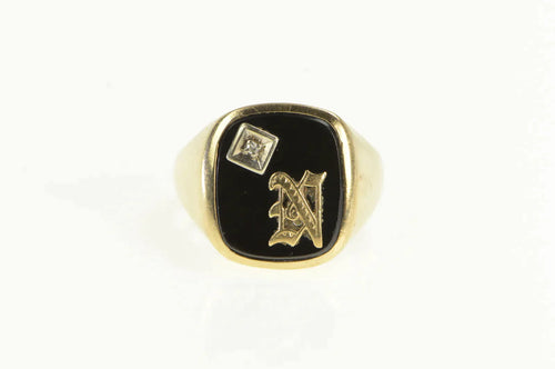 10K N Black Onyx Diamond Men's Monogram Ring Yellow Gold