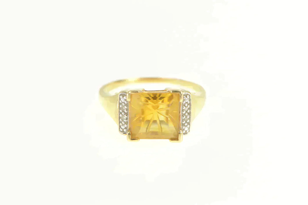 10K Square Fantasy Cut Citrine Diamond Vintage Ring Yellow Gold