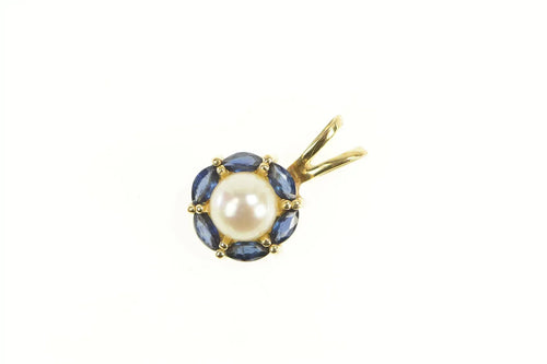 14K Pearl Sapphire Halo Vintage Classic Statement Pendant Yellow Gold