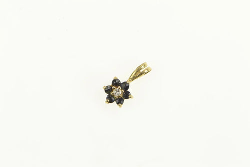 14K Diamond Sapphire Halo Flower Cluster Pendant Yellow Gold