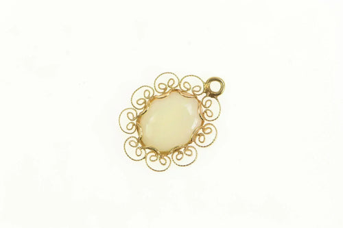 14K Oval Opal Retro Scroll Filigree Statement Charm/Pendant Yellow Gold