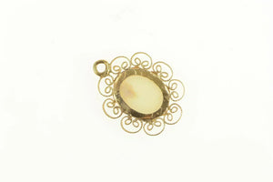 14K Oval Opal Retro Scroll Filigree Statement Charm/Pendant Yellow Gold