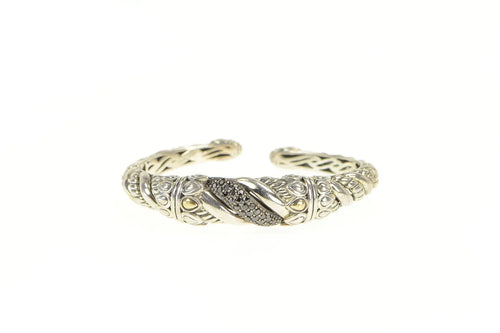 Sterling Silver 14K Gold Elaborate Black Diamond Cuff Bracelet 6.75