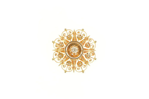 14K 0.27 Ct OEC Elaborate Floral Scroll Filigree Pin/Brooch Yellow Gold