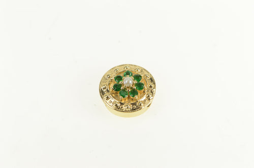 14K Ornate Pearl Sim. Emerald Round Slide Charm Bracelet Yellow Gold