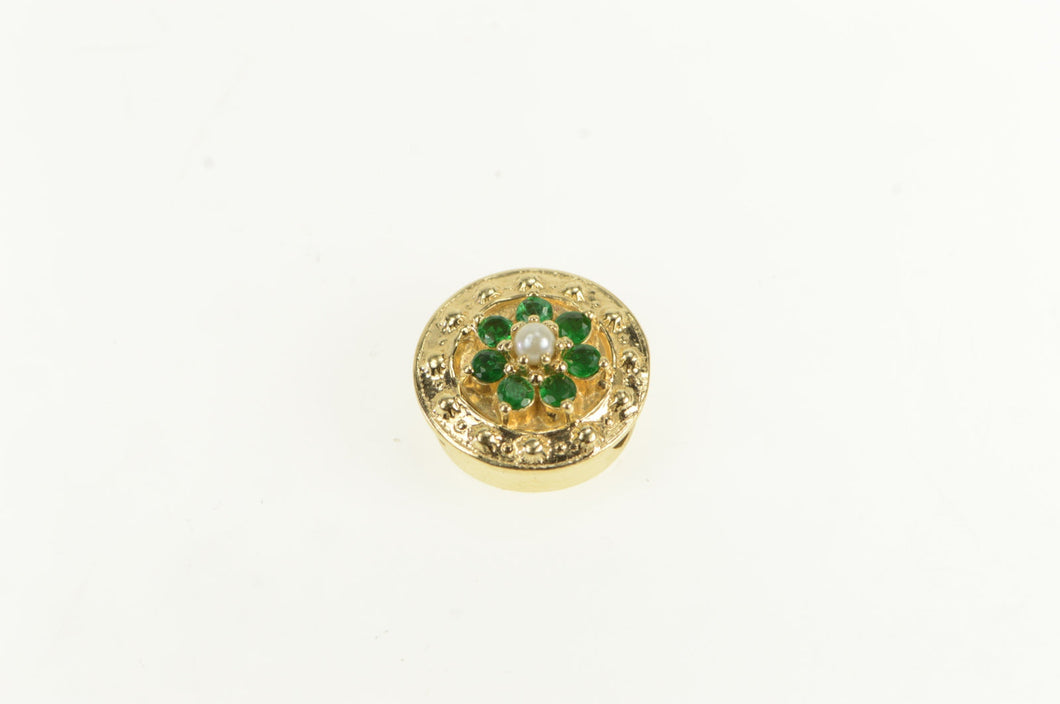 14K Ornate Pearl Sim. Emerald Round Slide Charm Bracelet Yellow Gold
