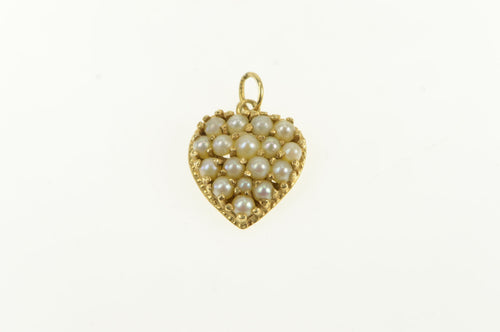 14K Victorian Seed Pearl Heart Forget Me Not Pendant Yellow Gold