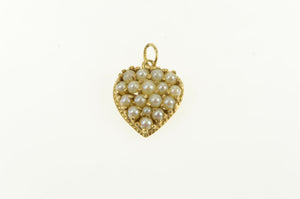 14K Victorian Seed Pearl Heart Forget Me Not Pendant Yellow Gold