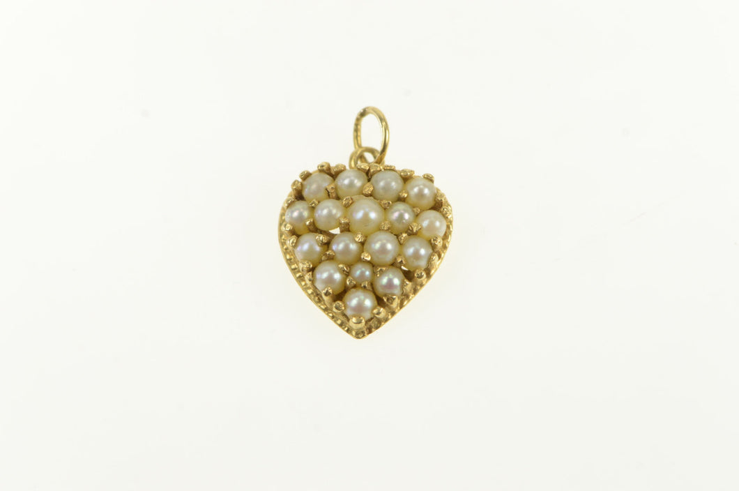14K Victorian Seed Pearl Heart Forget Me Not Pendant Yellow Gold