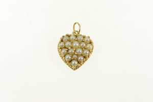14K Victorian Seed Pearl Heart Forget Me Not Pendant Yellow Gold