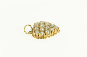 14K Victorian Seed Pearl Heart Forget Me Not Pendant Yellow Gold