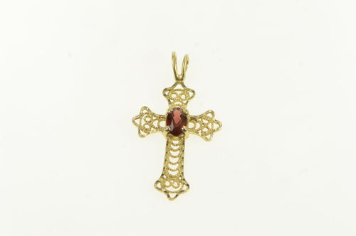 14K Oval Red Garnet Vintage Filigree Cross Pendant Yellow Gold