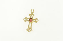 Load image into Gallery viewer, 14K Oval Red Garnet Vintage Filigree Cross Pendant Yellow Gold