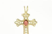 Load image into Gallery viewer, 14K Oval Red Garnet Vintage Filigree Cross Pendant Yellow Gold