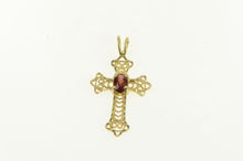 Load image into Gallery viewer, 14K Oval Red Garnet Vintage Filigree Cross Pendant Yellow Gold