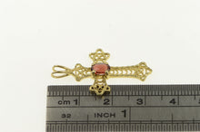 Load image into Gallery viewer, 14K Oval Red Garnet Vintage Filigree Cross Pendant Yellow Gold
