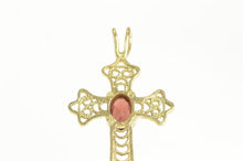 Load image into Gallery viewer, 14K Oval Red Garnet Vintage Filigree Cross Pendant Yellow Gold