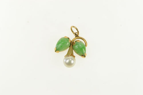 14K 1960's Pearl Jade Tear Drop Flower Cluster Pendant Yellow Gold