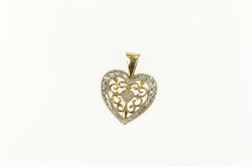 10K Diamond Two Tone Scroll Filigree Heart Pendant Yellow Gold