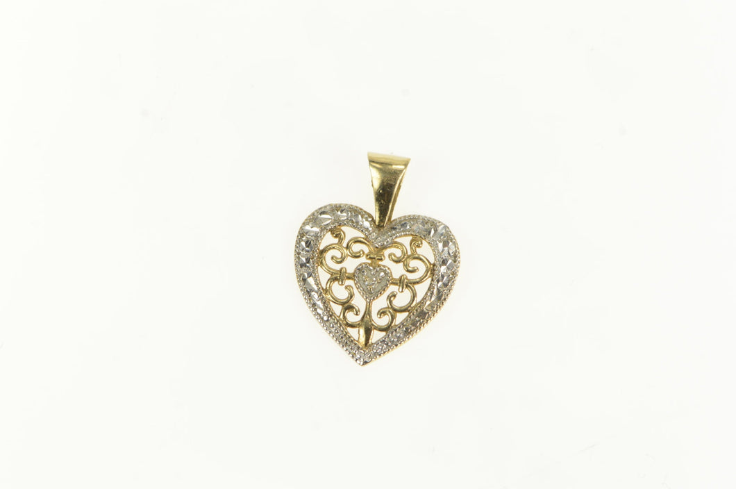 10K Diamond Two Tone Scroll Filigree Heart Pendant Yellow Gold