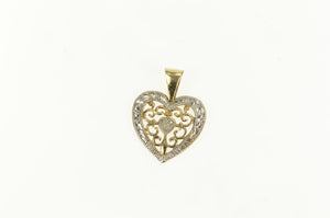 10K Diamond Two Tone Scroll Filigree Heart Pendant Yellow Gold