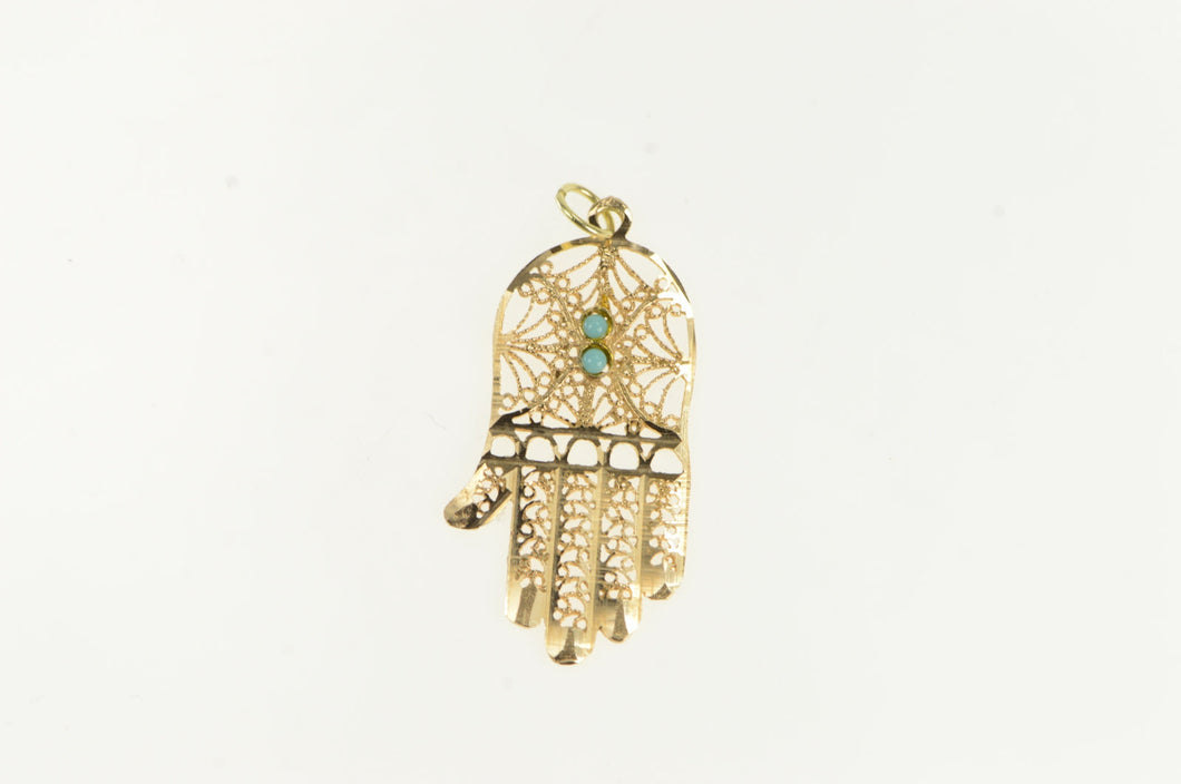 14K Hamsa Turquoise Inset Ornate Filigree Charm/Pendant Yellow Gold