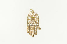 Load image into Gallery viewer, 14K Hamsa Turquoise Inset Ornate Filigree Charm/Pendant Yellow Gold