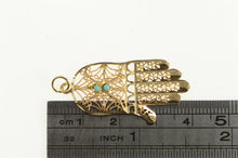 Load image into Gallery viewer, 14K Hamsa Turquoise Inset Ornate Filigree Charm/Pendant Yellow Gold