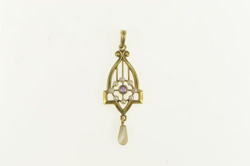 14K Victorian Amethyst Seed Pearl Heart Drop Pendant Yellow Gold