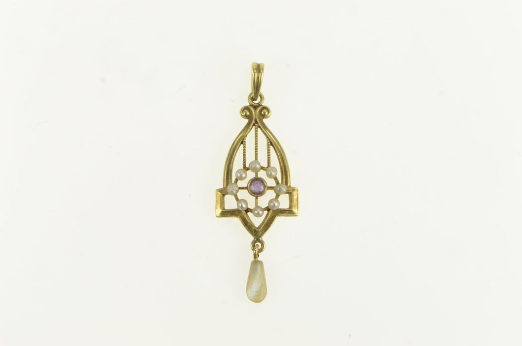 14K Victorian Amethyst Seed Pearl Heart Drop Pendant Yellow Gold