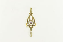 Load image into Gallery viewer, 14K Victorian Amethyst Seed Pearl Heart Drop Pendant Yellow Gold