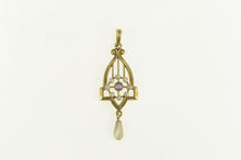 Load image into Gallery viewer, 14K Victorian Amethyst Seed Pearl Heart Drop Pendant Yellow Gold