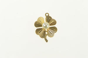 14K Retro Pearl Burst Design Shamrock Clover Pendant Yellow Gold