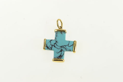 18K Sim. Turquoise Squared Cross Vintage Pendant Yellow Gold