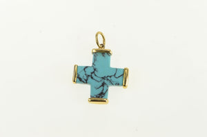 18K Sim. Turquoise Squared Cross Vintage Pendant Yellow Gold