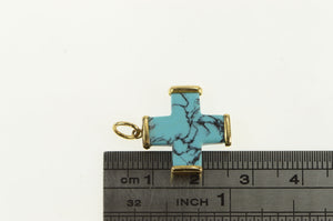 18K Sim. Turquoise Squared Cross Vintage Pendant Yellow Gold